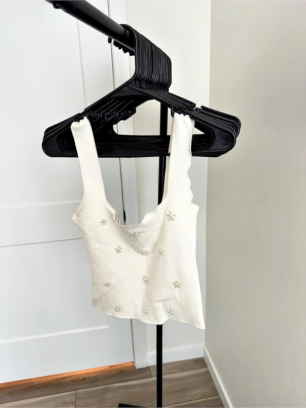 Zara White Pearl-Embellished Tank Top